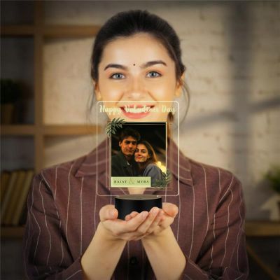 Personalized Happy Valentine's Day Photo Frame LED Lamp with Warm White Light with Black Base Valentine's Day Gift for Couples